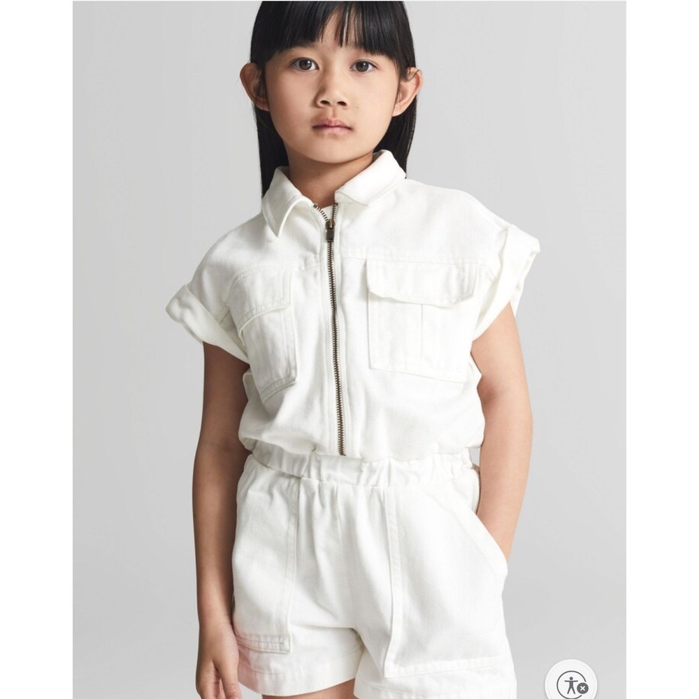 Reiss‎ Kids White Denim Utility Shortall Jumpsuit Romper 6-7Y 122cm